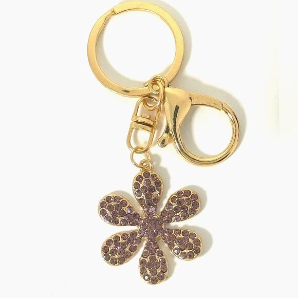 BAG CHARM Gold Tone Purple Crystal Flower Bag Charm Keychain MINT - Picture 1 of 4